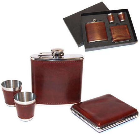 Set 6 - Flask, 2 shot glasses, cigarette case